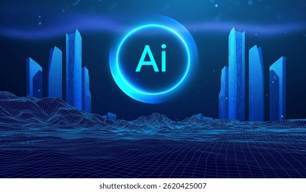 Futuro cidade tecnologia inteligente construção fundo abstrato AI conceito de tecnologia. Neon digital skyline arquitetura holograma design grade cyberpunk. Infraestrutura de sistema de rede de investimento globo da energia.