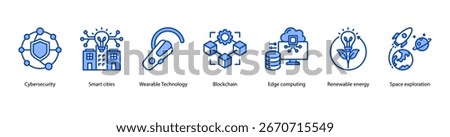Future City and Space Innovation web banner icon vector illustration featuring Cybersecurity, Smart Cities, Wearable Technology, Blockchain, Edge Computing, Renewable Energy, and Space Exploration.