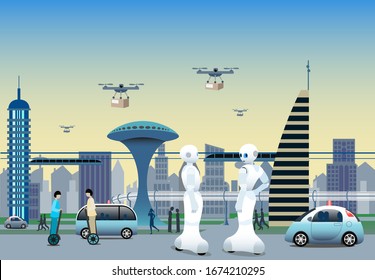 Future city with sustainable electrified transports. Mono rail trains,  IoT Connected robots. Autonomous vehicles and self balncing transporters. Drones for light transports. Vector Illustration.