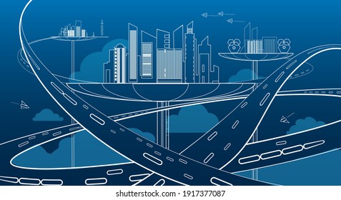 Future City Transportation Concept. Futuristic Cities Business Life With Innovative Architecture And Transportations Air Railways, Transport Futurism Innovations Line Vector Background