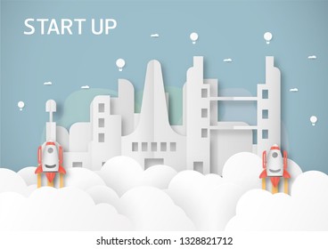 Future city and urban building on blue background. Vector illustration with start up concept in paper cut, craft and origami style. Rocket come out from cloud with balloon on the sky.
