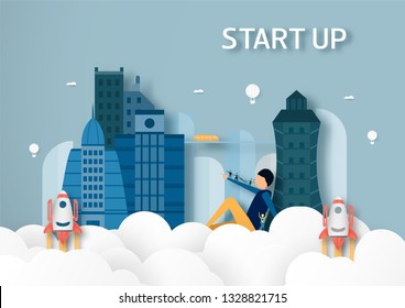 Future city and urban building on blue background. Vector illustration with start up concept in paper cut, craft and origami style. Rocket come out from cloud with balloon on the sky.