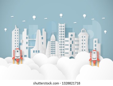 Future city and urban building on blue background. Vector illustration with start up concept in paper cut, craft and origami style. Rocket come out from cloud with balloon on the sky.