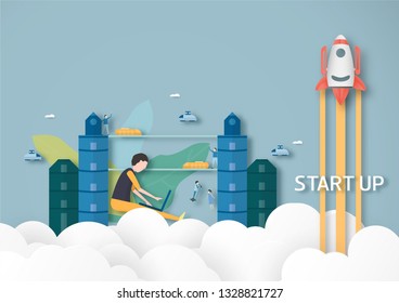 Future city and urban building on blue background. Vector illustration with start up concept in paper cut, craft and origami style. Rocket come out from cloud with balloon on the sky.