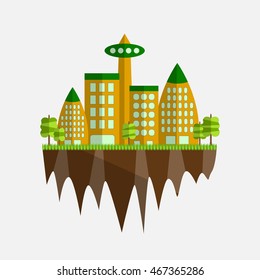 Future city vector illustration in flat design. Floating island with eco-town. 