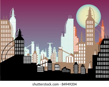 :Future cityscape abstract colors twilight sky full moon