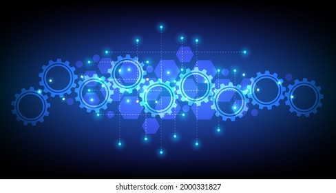 Cogs futuros y mecanismos de rueda de engranajes. Concepto de tecnología de la información con elementos infográficos e iconos planos. EP1.Ilustración vectorial del concepto de comunicación de alta tecnología