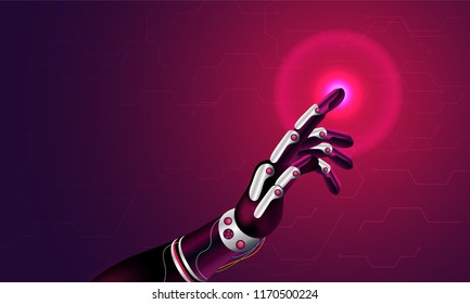 Futuro conceito de inteligência artificial e mundo virtual. Mão robótica está tocando uma tela virtual.