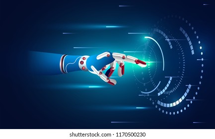 Future concept for artificial intelligence and virtual world. Robotic hand is touching a virtual space display.