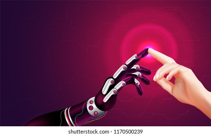 Future concept for artificial intelligence and virtual world. Robotic hand and human hand connecting in a virtual space display.