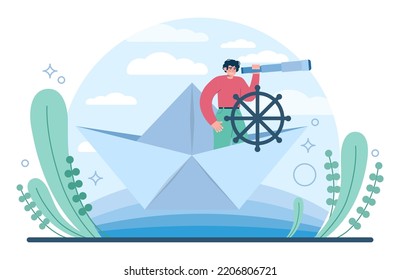 Future concept. Character searching for future opportunities, decisions, new ideas. People looking into the tommorow. Outlook, forecast or visionary. Flat vector illustration