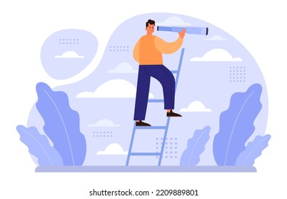 Future concept. Character searching for future opportunities, decisions, new ideas. People looking into the tommorow. Outlook, forecast or visionary. Flat vector illustration