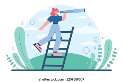 Future concept. Character searching for future opportunities, decisions, new ideas. People looking into the tommorow. Outlook, forecast or visionary. Flat vector illustration