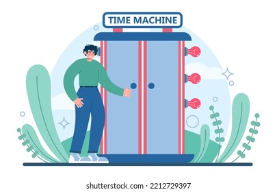 Future concept. Character searching for future opportunities, decisions, new ideas. People looking into the tommorow. Outlook, forecast or visionary. Flat vector illustration