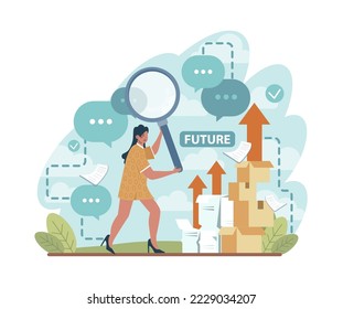 Future concept. Character searching for future opportunities, decisions, new ideas. People looking into the tommorow. Outlook, forecast or visionary. Flat vector illustration