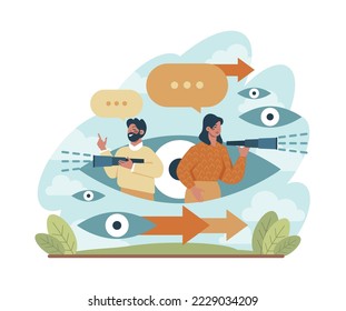 Future concept. Character searching for future opportunities, decisions, new ideas. People looking into the tommorow. Outlook, forecast or visionary. Flat vector illustration