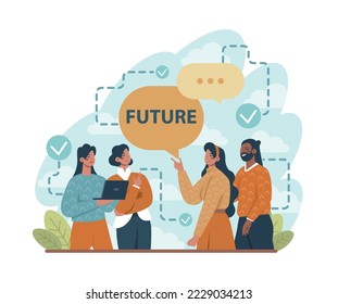 Future concept. Character searching for future opportunities, decisions, new ideas. People looking into the tommorow. Outlook, forecast or visionary. Flat vector illustration