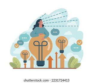 Future concept. Character searching for future opportunities, decisions, new ideas. People looking into the tommorow. Outlook, forecast or visionary. Flat vector illustration