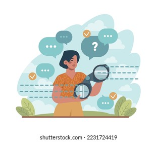 Future concept. Character searching for future opportunities, decisions, new ideas. People looking into the tommorow. Outlook, forecast or visionary. Flat vector illustration