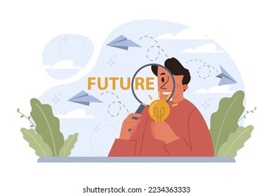 Future concept. Character searching for future opportunities, decisions, new ideas. People looking into the tommorow. Outlook, forecast or visionary. Flat vector illustration