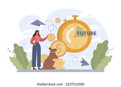 Future concept. Character searching for future opportunities, decisions, new ideas. People looking into the tommorow. Outlook, forecast or visionary. Flat vector illustration