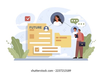 Future concept. Character searching for future opportunities, decisions, new ideas. People looking into the tommorow. Outlook, forecast or visionary. Flat vector illustration