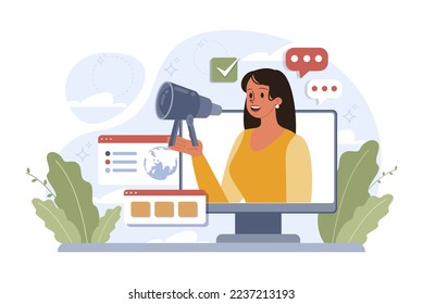 Future concept. Character searching for future opportunities, decisions, new ideas. People looking into the tommorow. Outlook, forecast or visionary. Flat vector illustration