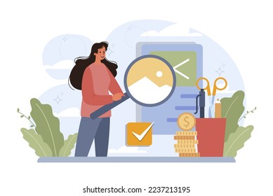 Future concept. Character searching for future opportunities, decisions, new ideas. People looking into the tommorow. Outlook, forecast or visionary. Flat vector illustration