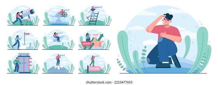 Future concept set. Character searching for future opportunities, decisions, new ideas. People looking into the tommorow. Outlook, forecast or visionary. Flat vector illustration