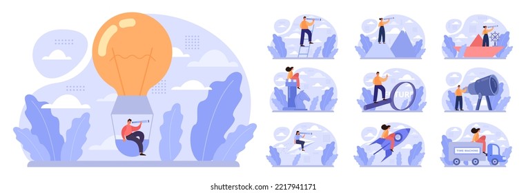 Future concept set. Character searching for future opportunities, decisions, new ideas. People looking into the tommorow. Outlook, forecast or visionary. Flat vector illustration