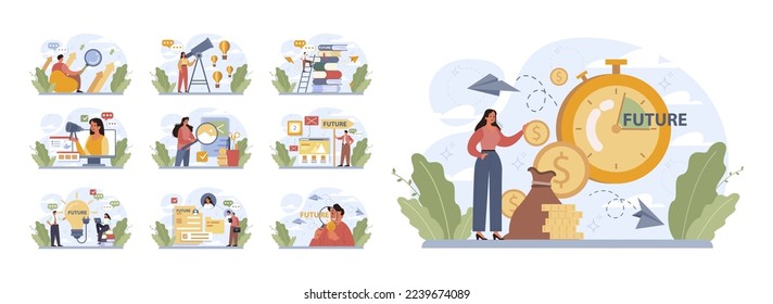 Future concept set. Character searching for future opportunities, decisions, new ideas. People looking into the tommorow. Outlook, forecast or visionary. Flat vector illustration