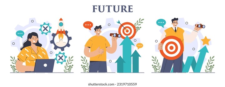 Future concept set. Character searching for future opportunities, decisions, new ideas. People looking into the tommorow. Outlook, forecast or visionary. Flat vector illustration