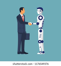 Future cooperation. Artificial intelligence. Businessman and robot handshake as a symbol technological development, innovation. Vector illustration flat design. Isolated on white background.