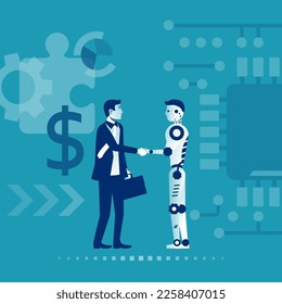 Künftige Zusammenarbeit. Künstliche Intelligenz. Geschäftsmann und Roboter-Handshake als Symbol für technologische Entwicklung, Innovation. Flaches Vektorgrafik-Design. Einzeln auf weißem Hintergrund.
