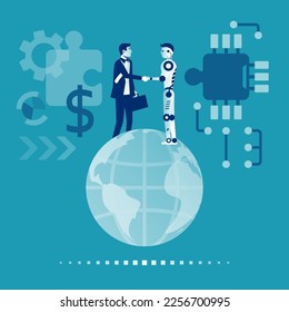 Future cooperation. Artificial intelligence. Global partnership. Businessman and robot handshake as a symbol technological development, innovation. Vector illustration flat design. Shake hands. 