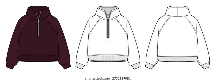 Future Core Sculptural Funnel Neck Quarter Zip Sudadera técnica Ilustración de moda. Suéter ergonómico de manga raglán para un diseño de ropa sostenible. Vista frontal y trasera. Maqueta CAD.