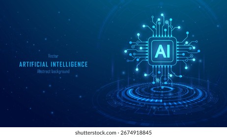 Future cybernetic artificial intelligence technology concept. AI chip on a digital glowing background. Deep learning, modern engineering, internet systems, and communication. Vector illustration.