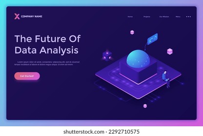 Future of Data Analysis isometric landing page template. Modeling development of data mining. Internet technology concept website design on purple. 3d creative vector illustration for web page