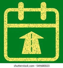 Future Day grainy textured icon for overlay watermark stamps. Flat symbol with dust texture. Dotted vector yellow ink rubber seal stamp with grunge design on a green background.
