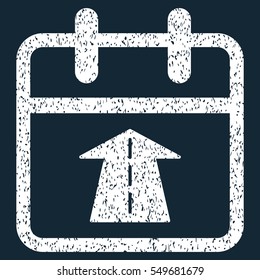 Future Day grainy textured icon for overlay watermark stamps. Flat symbol with dirty texture. Dotted vector white ink rubber seal stamp with grunge design on a dark blue background.