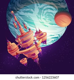 Future deep space exploration cartoon vector with intergalactic space station, colony or metropolis flying on Earth or exoplanet orbit illustration. Futuristic extraterrestrial starship among stars