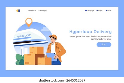Conceito de futuro de entrega. Tecnologia avançada de hyperloop mudando o transporte rápido. Gerente de logística segurando um tablet perto de pacotes e sistema de transporte de alta velocidade. Ilustração vetorial.