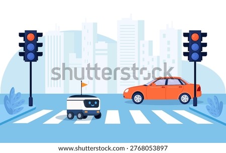 Future of delivery concept. Cute robot drives through the streets of the city and avoids obstacles. Food delivery robot, autonomous courier carrying a parcel, shipment and robotics.
