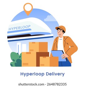 Conceito de futuro de entrega. Tecnologia de transporte inovadora com transporte de hiperloop, gerente de logística e caixas de carga. Soluções rápidas de encomendas e frete para cidades e empresas modernas. Vetor
