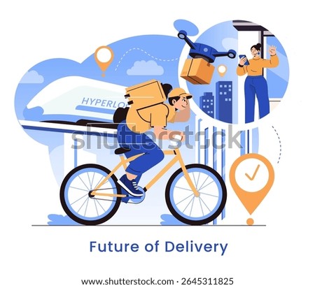 Future of Delivery concept. Package courier on a bike with advanced transportation, drone parcel drop-off, and mobile order tracking in a growing city. Fast, efficient shipping. Vector illustration.