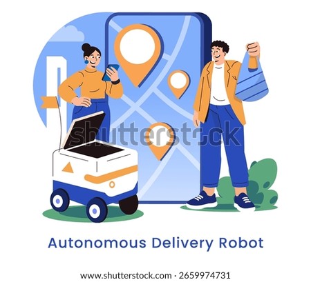 Future of delivery concept. People use an autonomous delivery robot for efficient package drop-off with a smartphone and navigation map. Urban innovation meets smart technology. Vector illustration.