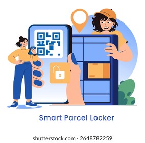 Future of delivery concept. Secure smart parcel locker service automates package pickup using QR codes and smartphone access. Modern contactless delivery for convenient city lifestyle. Vector