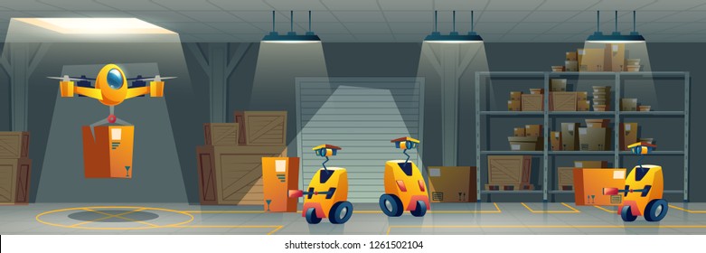 Future delivery service automated warehouse cartoon vector concept Robots controlled by artificial intelligence sorting, carrying cargo in depot and delivering parcels to customers by air illustration