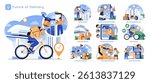 Future of Delivery set. Innovations in the delivery industry include drones, autonomous robots, self-driving vans, hyperloop, smart lockers, crowdsourcing, automation, AI and green methods. Vector