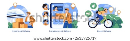 Future Of Delivery set. Innovative parcel logistics with hyperloop transport, crowdsourced delivery through mobile app, and green bicycle courier for eco-friendly last mile solutions. Vector